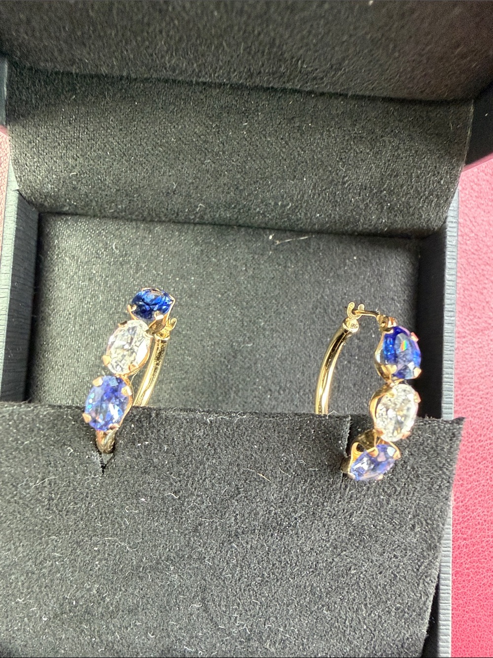 Solid 14k Yellow Gold Hoop Earrings with Blue and Clear Stones
